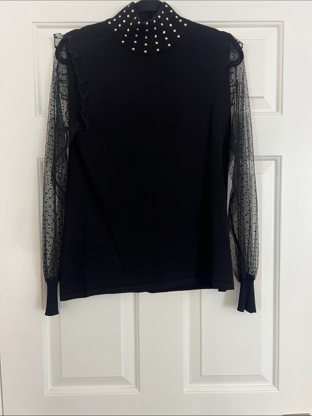 Belldini Black Studded Mock Neck Sheer Sleeve Sweater
